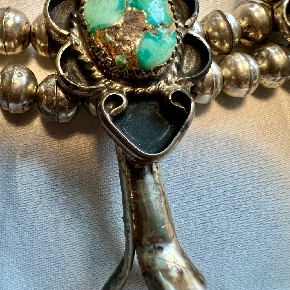 Beautiful Squash Blossom Turquoise Necklace SS 925 C11, 215 grams. - Picture 10 of 16